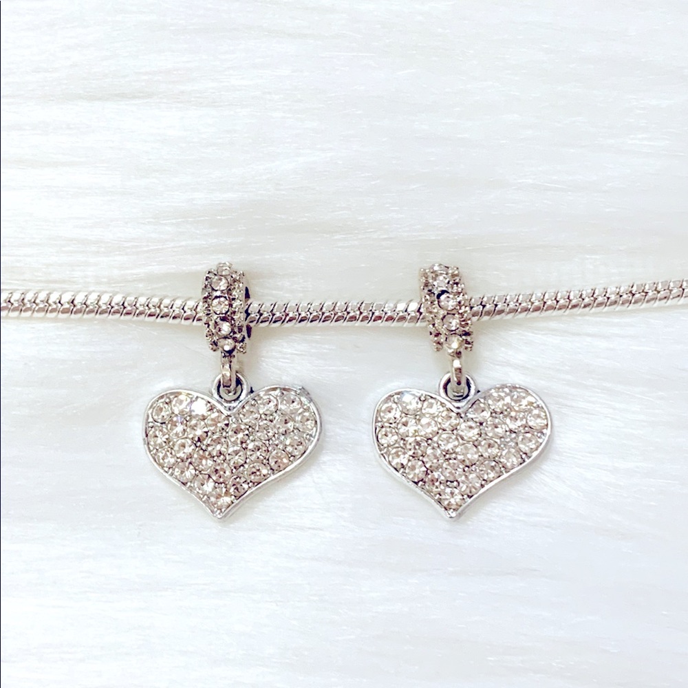 White Rhinestones Pave Silver Heart Spacer Beads
